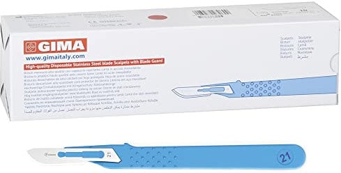 GIMA Bisturi in Acciaio Inox, Manico in ABS, Sterili e Monouso, Standard, Misura n. 21, 10 Bisturi Singolarmente Confezionati