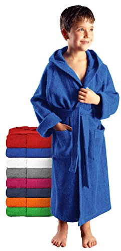 Arus Kinder-Bademantel mit Kapuze für Jungen und Mädchen, 100% Baumwolle Frottee, lang, Royalblau, 176