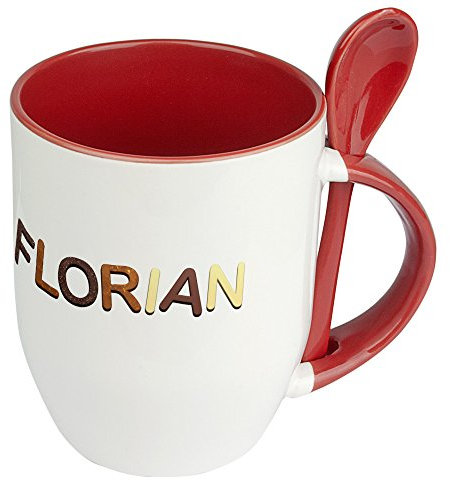 digital print Namenstasse Florian - Löffel-Tasse mit Namens-Motiv Schokoladenbuchstaben - Becher, Kaffeetasse, Kaffeebecher, Mug - Rot