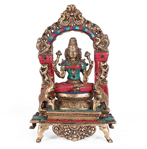 CraftVatika 33 cm Große Laxmi Statue Lakshmi Figur Hindu Göttin Messing Idol türkis Schrein Religiöse