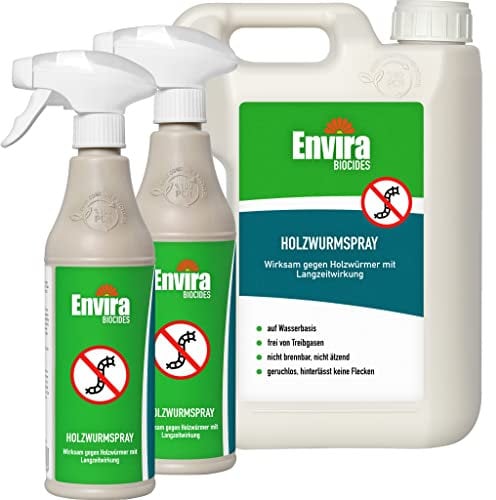Envira Holzwurm Abwehrspray 2 x 500 ml + 2 Liter - Spray mit Langzeitwirkung gegen Holzbock & Holzwurm - Mittel gegen Holzwürmer für innen - Effektives Holzwurmmittel & Holzwurmschutz