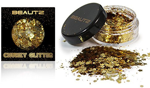 BeautZ Chunky Cosmetic Glitter, Gold Shade - Multi-Purpose Face, Body, Hair & Nail Art Shimmer, High-Intensity Metallic Festival Makeup, 10ml Pot (5g)