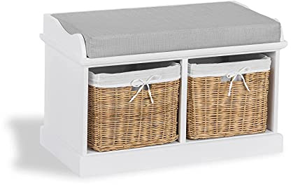 Tetbury White Bench with Grey Cushion and 2 wicker storage baskets. FULLY ASSEMBLED
