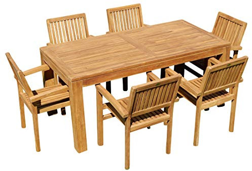 ASS Teak Set Gartengarnitur Gartenset Sitzgruppe Gartentisch Bigfuss 180x90 cm mit 6 Stapelsessel Miami aus Teakholz Gartenmöbelset Esstischgruppe Sessel stapelbar