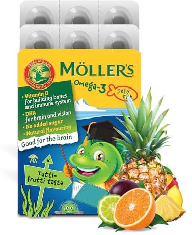 Möller's Omega 3 Kapseln für Kinder | Natürliche Omega 3 Fischtran mit Tutti Frutti | Mit DHA und EPA | Leicht zu kauen | Ohne Gluten, Laktose und Zucker | 36 Stück