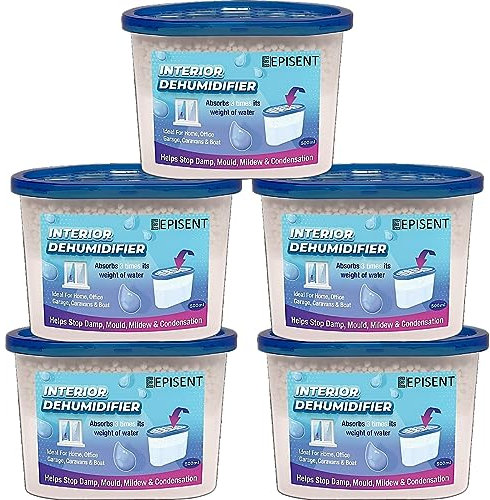EPISENT Dehumidifier 500ml - Pack of 5, Disposable Moisture Absorbers for Damp, Mould, Mildew & Condensation, Odour-Free Humidity Control Damp Traps for Home, Bedroom, Wardrobe, Garage & Caravan
