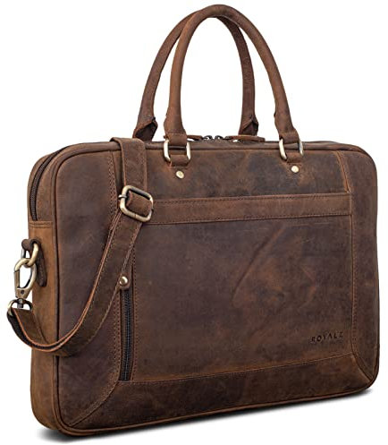 ROYALZ 'Lincoln' Vintage Business Tasche Herren & Damen Leder 15,6 Zoll Laptoptasche - Ledertasche Groß Aktentasche Arbeitstasche Messenger Bag mit Henkel Echtleder, Farbe:Nevada braun