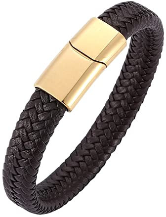 Aotiwe Kette Armband Herren, Herren Schmuck Einfaches Armband aus Geflochtenem Lederband Gold Braun Edelstahl 16.5cm