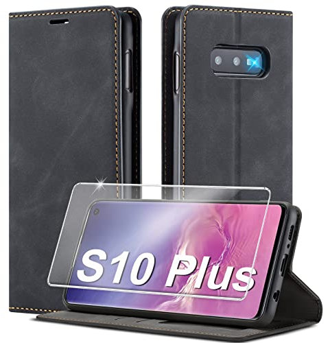Handyhülle für Samsung Galaxy S10 Plus Hülle Leder [Mit S10 Plus Schutzfolie] für Samsung S10 Plus Hülle Klappbar Flip Stoßfeste Leder Wallet Case Cover Schutzhülle für Samsung Galaxy S10 Plus Hülle