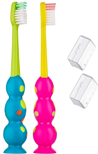 Trueocity Kinder-Zahnbürste, weich konturierte Borsten, Bürstenköpfe in Kindergröße (3–10 Jahre), Saugnapf für Spaß und einfache Lagerung, Set für Mädchen und Jungen, 2 Stück, mehrfarbig