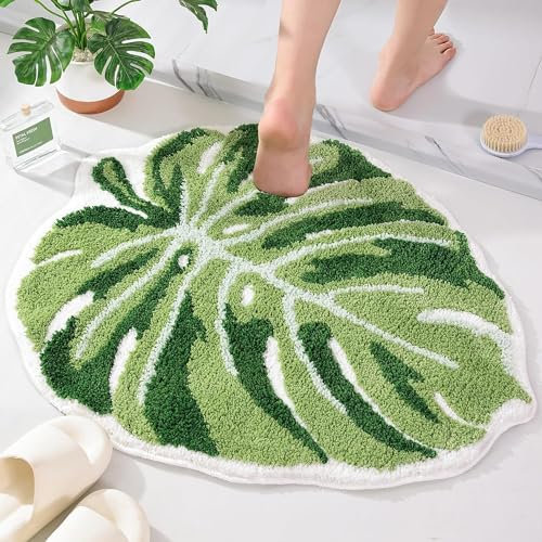 Panstar Matte mit grünen Blättern, groß, niedlich, rutschfest, Handflächenform, Plüsch, lustig, Küche, Badezimmer, Badewannenteppich, maschinenwaschbar