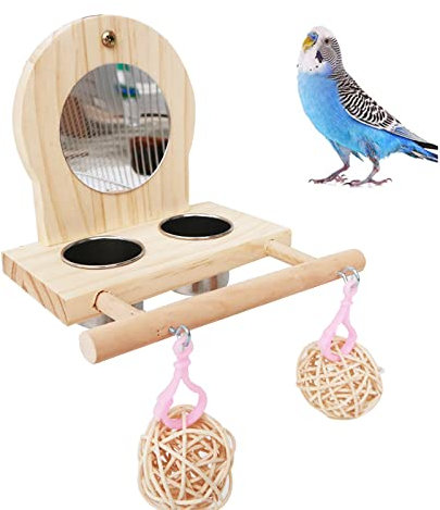 Joyeee Vogelspiegel für Käfig, 2 Stück Edelstahl-Vogelfutter- und Bewässerungszubehör, Vogelstange und Vogeltrainingsspielzeug, kleine Rattan-Bälle für Wellensittiche, Sittiche, Lovebirds