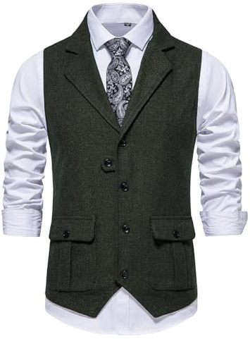 Men's Herringbone Tweed Waistcoats V Neck Casual Suit Vest for Formal & Informal Occasions