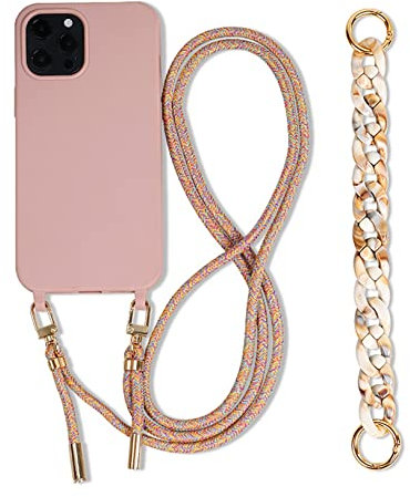 Emlivi Handykette Hülle mit Armband für iPhone 12 Pro Necklace Handyhülle Nylon Schultergurt Silikon Cover mit Kordel zum Umhängen Schutzhülle mit Stylische Band Case für iPhone 12 Pro, Sandrosa