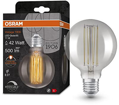 OSRAM Lamps Vintage 1906 LED-Lampe mit Smoke-Tönung,11W,500lm,Kugel-Form 95mm Durchmesser & E27-Sockel,warmweiße Lichtfarbe,gerades Filament,dimmbar,bis zu 15.000 Stunden Lebensdauer,4058075761353