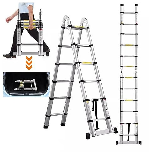 12,5FT ausziehbares Aluminium Professional Use Teleskopleiter Teleskopische faltende Leiter Verlängerung 1,9m+1,9m A-Rahmen 3,8m Leiter mit Stabilisator Bar für Gebäudewartungs-Fenster Reinigung