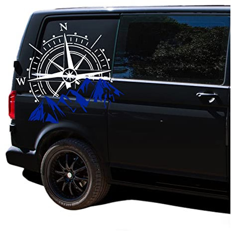 Autoaufkleber Kompass Sport Mountains 60x56cm Windrose Sticker Folie für Auto Wohnwagen Anhänger Aufkleber Selbstklebend Kfz Zubehör KX072 KX073 (Kompass weiß, Berge Blau)