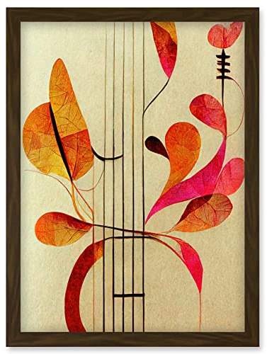 Wee Blue Coo Abstract Autumnal Boho Leaves and Musical Music Staff Lines Cream Pink Copper Yellow Artwork Framed Wall Art Print A4