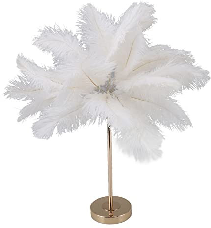 Weiße Feder-Tischlampe, Berührungsschalter, 3-farbiges Dimmen, Kabellos, USB-Aufladung, Straußenfederlampe, Nachttischlampe, Schreibtisch-Nachtlicht mit Goldenem Metallsockel