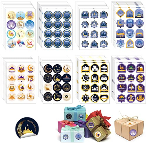 48 Blätter Eid Mubarak Aufkleber, Ramadan Aufkleber, 576 Dots Runde Geschenke Verpackung Aufkleber, Selbstklebende Siegelaufkleber Süßigkeitstüten Aufkleber, DIY Geschenke für Eid Mubarak Muslim Party