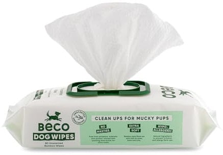 Beco Dog Wipes - 1 Pack of 80, Unscented, For Paws, Body and Bum, Plant-Based Grooming Wipes