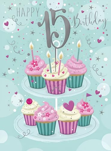 Noel Tatt Geburtstagskarte für Mädchen zum 15. Geburtstag, Meilenstein für Kinder – Cupcakes, Kerzen und Konfetti mit geprägter Silberfolie – umweltfreundlich und recycelbar