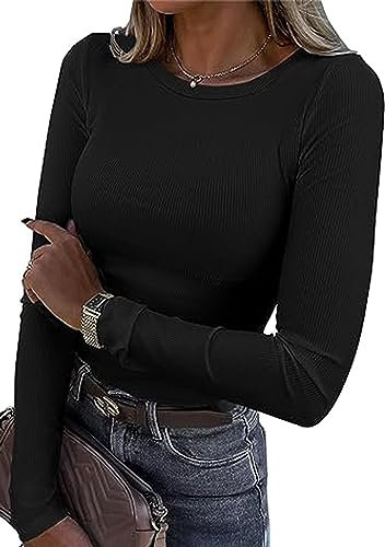 TrendiMax Womens Long Sleeve Crewneck Shirts Ribbed Knit Fitted Casual Basic Tops T-Shirt Black