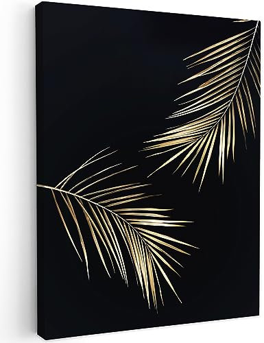 MuchoWow© Leinwand 30x40 cm Goldene Deko Schlafzimmer Aesthetic Leinwandbilder Wohnzimmer Gemälde Foto Geschenk Living Room Decoration Blätter - Pflanzen - Bild Gold - Schwarz - Luxe