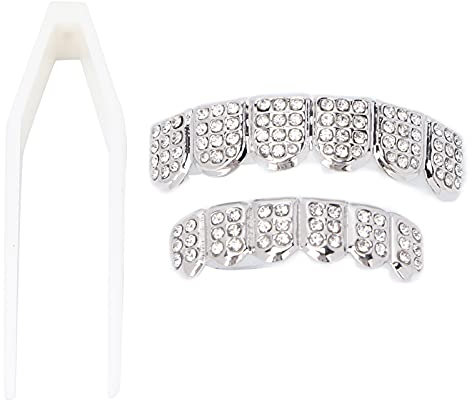 UPQRSG Diamond Grillz, Messing, Gesund, Sicher, Dekorieren, Schützen, Grillzähne, Galvanisierende Modische Diamond Grills, für Halloween Partys, Hip Hop, Modenschauen(Silbrig)