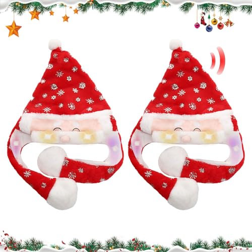 Anyingkai Leuchtende Weihnachtsmütze,Mütze mit Beweglichen Ohren,Christmas Hat,LED Weihnachtsmütze,Nikolausmütze mit licht,Weihnachtsmann mütze erwachsene led,Weihnachtsmütze led,Beweglicher Bart Hut