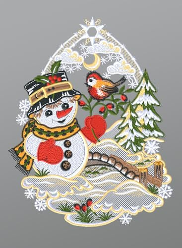 Plauener Spitze Fensterbild Schneemann mit Vögelchen (Bx H) 19cm * 25cm Mehrfarbig Fensterdekoration Fensterschmuck