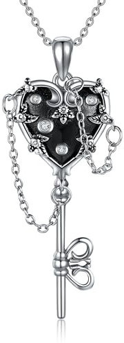YAFEINI Gothic Key Necklace Sterling Silver Witch Heart Key Necklace Gothic Jewellery Steampunk Heart Goth Halloween Gifts for Women