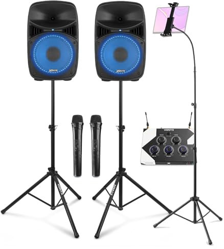 VONYX Home Karaoke Machine System with Wireless Microphones, Bluetooth Mixer, LED Speakers, Tablet Screen Holder & Adjustable Stands - Complete Karaoke Speaker Set for Parties