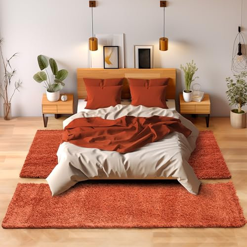 SIMPEX Bettvorleger Schlafzimmer Teppich Läufer Flur Teppich Küchenläufer Hochflor 3 Teiliger Set Bettumrandung Einfarbig Modernes Design Soft Flauschig & Extra Weich Farbe: Terra