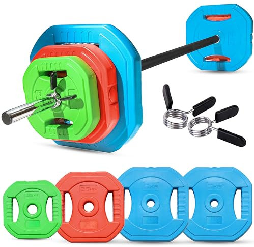 FK Sports Adjustable Barbell Weights Set, 30kg Complete Studio Pump Set, Multicolor Cast Iron & Rubber Barbell Weights for Home, Strength Training Equipment for Full Body Workout