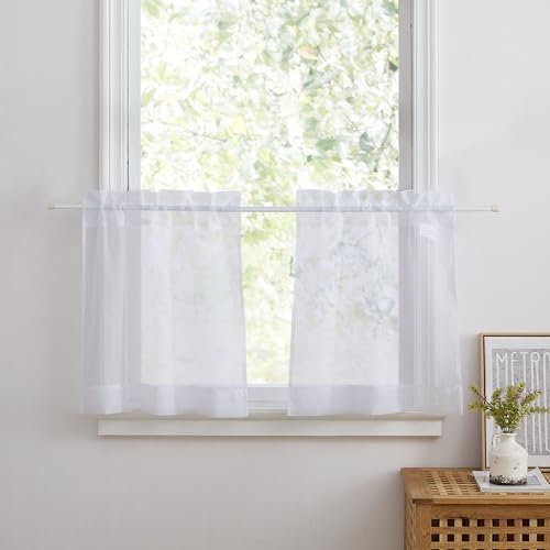 PONY DANCE Rideaux Voilage - Rideau Cuisine Voile Passe Tringle Panneaux Intérieurs Décor de Chambre Cuisine Lumiere Filtrer Souple Transparent pour Petite Fenetre, 60x60 cm, Blanc, 2 Pcs