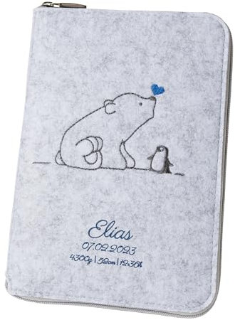 U-Heft Hülle 'Eisbär & Pinguin' DIN A5 personalisierbar aus Filz (Farbe & Stickerei wählbar) - Hülle für Kinderuntersuchungsheft & Impfpass - Organizer - Geschenk für werdende Mütter & Baby