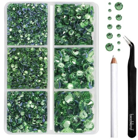 BEADSLAND pedreria hotfix,4000 PCS piedras verde strass termoadhesivas diamantes cristales para manualidades,Kit mixto de 6 tamaños con lápiz de cera y pinzas,SS6-SS30,Verde Claro Rhinestones
