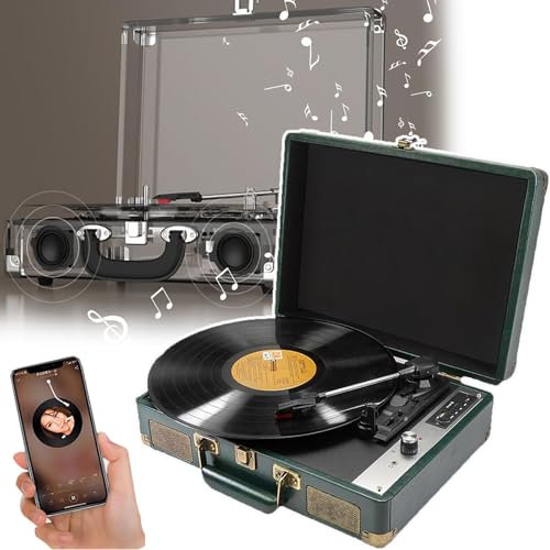 QIeAny Giradischi 3 velocità, Valigia Lettore di Vinili, Alta fedeltà, Bluetooth/fono/USB/Cuffie/Ingresso/Uscita Audio/Disco U, Doppi Altoparlanti + Camera Sonora Indipendente, Ruby Needle,A