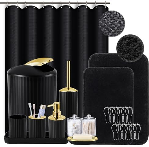 Black and Gold Bathroom Set with Shower Curtain and Rugs, Bathroom Accessories Sets with Extra Soft and Absorbent Bath Rugs Shower Curtain Black Bathroom Sets for Bath