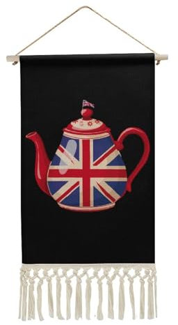 British Tea UK Teapot Union Jack Flag Tapestry with Tassels Cotton Linen Wall Hanging Poster Wall Art for Home Decor
