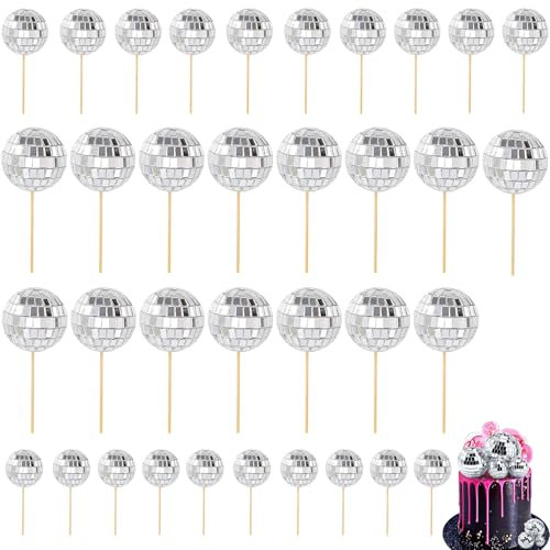 35 PCS Disco Ball Cake Topper with Bamboo Sticks for Theme Party Decorations and Dessert Supplies (Silver)