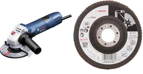 Bosch Professional Winkelschleifer GWS 7-115 E (Ø 115mm, inkl. Zusatzhandgriff, Aufnahmeflansch, Schutzhaube, Spannmutter, Zweilochschlüssel) + Fächerschleifscheibe X581 Best for Inox 115mm Korn 40