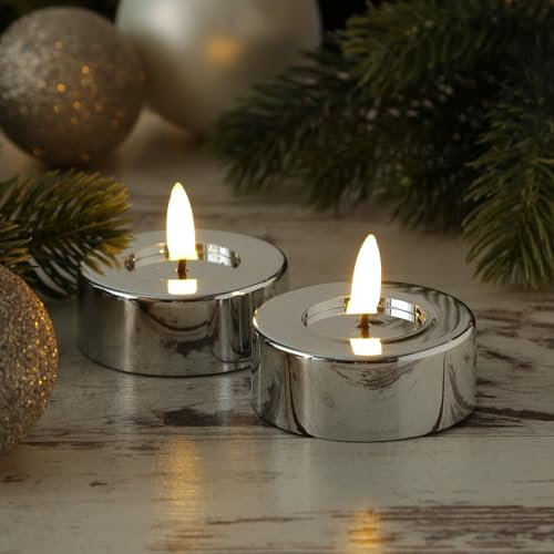 MARELIDA LED Maxi Teelichter silber glänzend festliche Kunststoff Teelichter mit Timer flackernd Jumbo Teelichter Set Batterieberieben für Innenbereich (2 Teelichter groß)