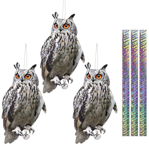 Repulsif Pigeon Effaroucheur Oiseaux, 3 Pièces Anti Pigeons Pour Balcon, Plat Faux Hibou Effaroucheur Oiseaux avec Bande Réfléchissante, Répulsif Oiseaux Exterieur, Eloigner Les Oiseaux Jardin