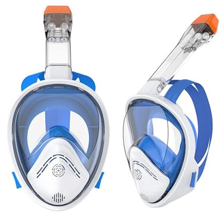 Aischens Máscara de Buceo Adultos, 180° Panorámica Máscara de Snorkel Integral con Soporte de Cámara, Anti-Vaho Anti-Fuga, Máscara de Cara Completa para Esnórquel, Máscara para Snorkeling (Azul)