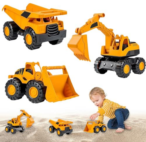 XPJBCK Bagger Sandkasten, 3 Stück Sandspielzeug Bagger Sandkasten, Bagger Spielzeug, Sandbagger Baufahrzeug, Kinder Baustellenfahrzeuge, Sandspielzeug Ab 2 3 4 Jahre (Bagger, Radlader, Kipplaster)