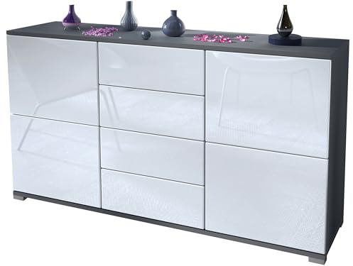 Vladon Sideboard Rova V1, Kommode mit 4 Türen und 4 Schubladen, Anthrazit matt/Weiß Hochglanz (138,5 x 75,5 x 35)