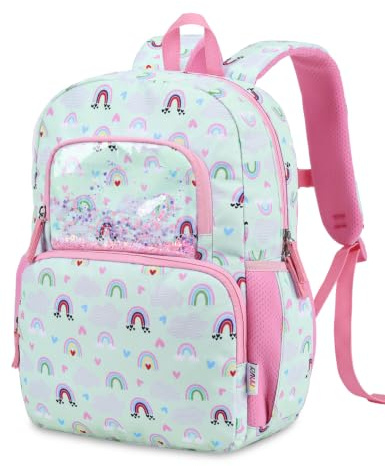 RAVUO Kinderrucksack für Mädchen 5–8 Jahre,12L Schulrucksack,Regenbogen | 1.–2. Klasse,Leichter,Wasserabweisend, Für A4-Mappe, Brustgurt, Pfeife,Reflexstreifen,atmungsaktives Rückenpolster