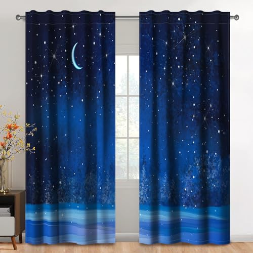 Kzzfqxb 107x160cm Vorhänge mit Stangentasche 2 Paneele, Verträumte Nachtszene Bäume unter Sternenhimmel Lichtfilterung Fenstervorhänge, Romantisches Dunkelblau Dekor für Schlafzimmer und Wohnzimmer